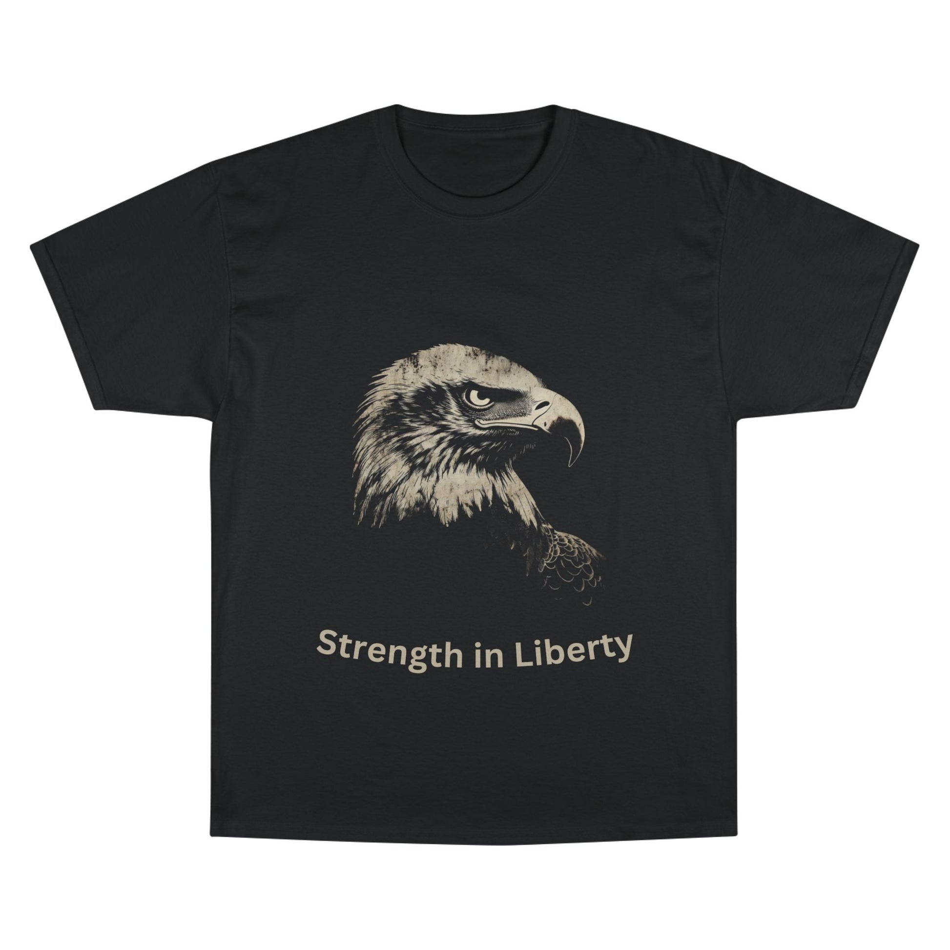 Strength in Liberty text below an eagle head on a Champion Tee