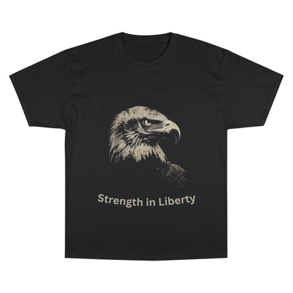 Strength in Liberty text below an eagle head on a Champion Tee