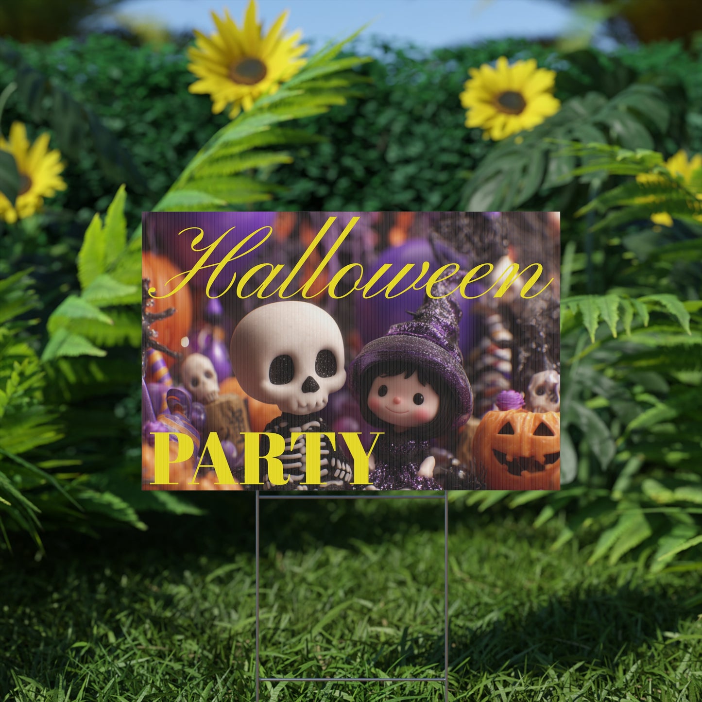Halloween-themed party sign with cartoon characters on a grassy lawn