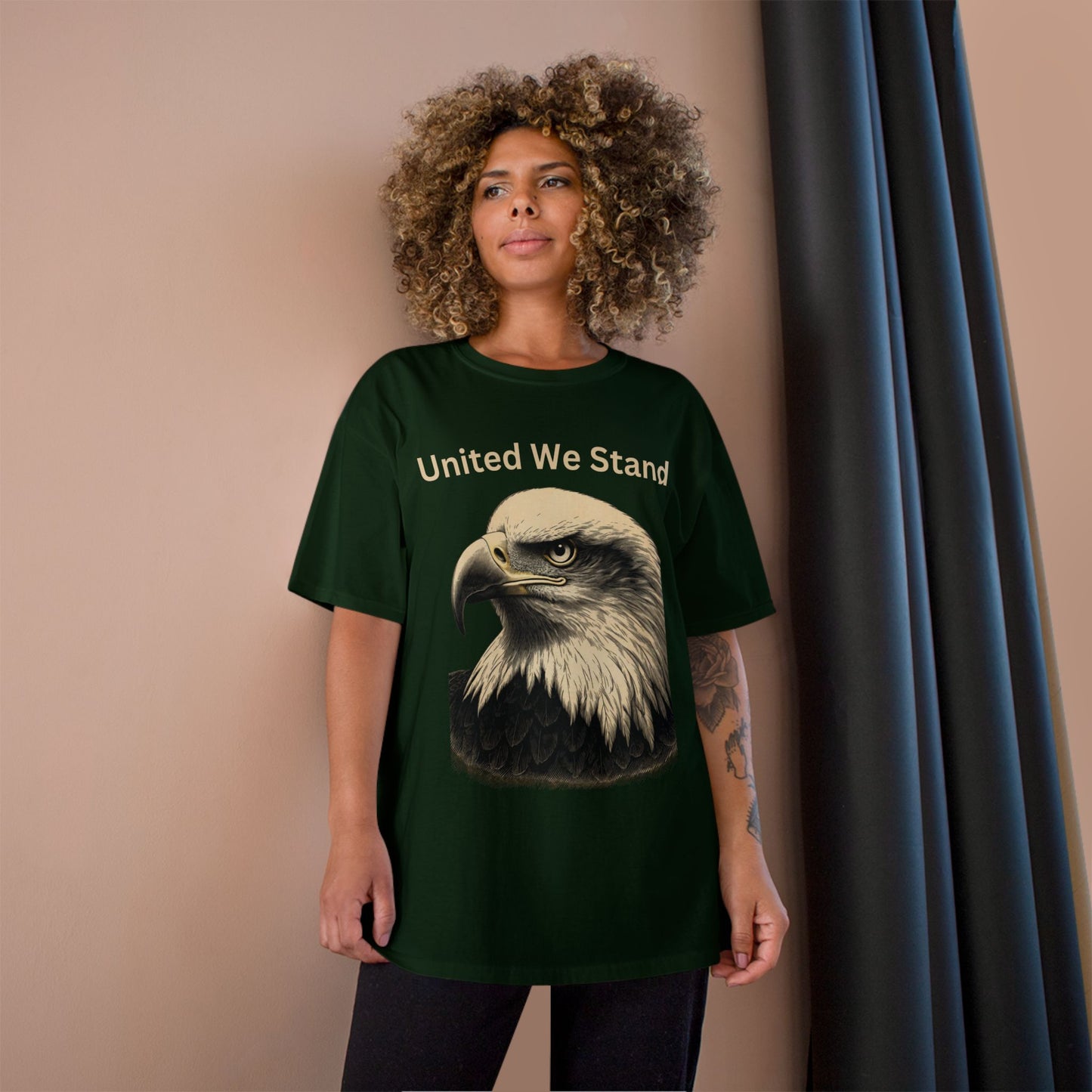 Engraved Eagle - United We Stand - text on the top of a Champion Tee
