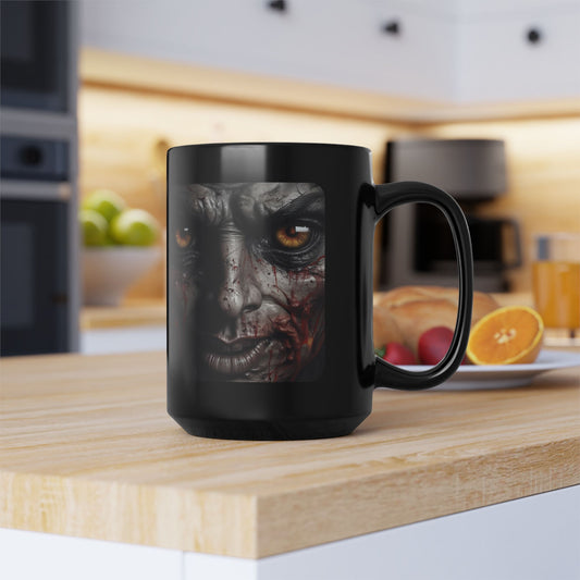 Black mug with a graphic design on a kitchen counter