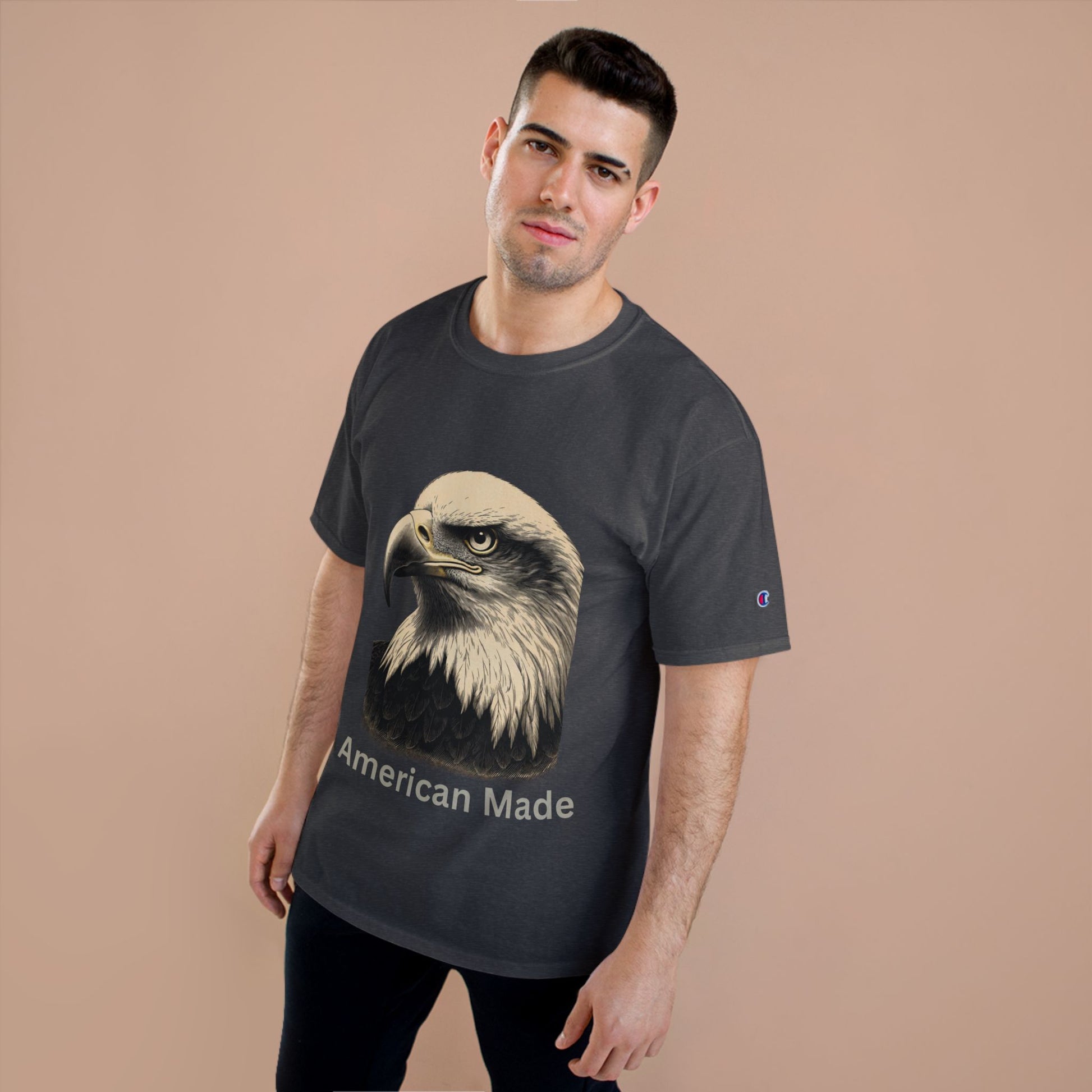 Engraved Eagle - American Made - text on the bottom of a Champion Tee