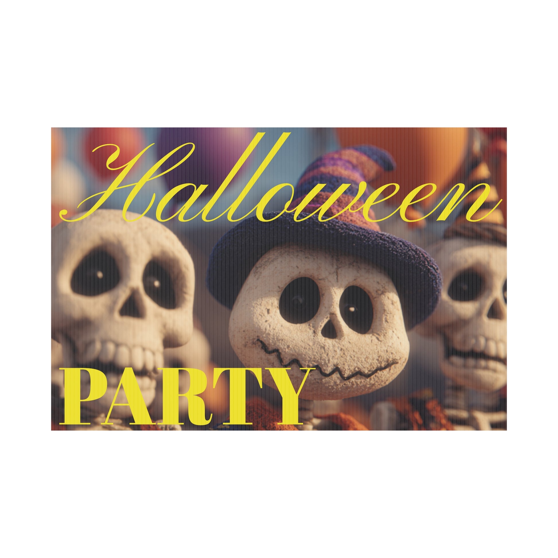 Halloween-themed party sign with cartoon characters on a grassy lawn