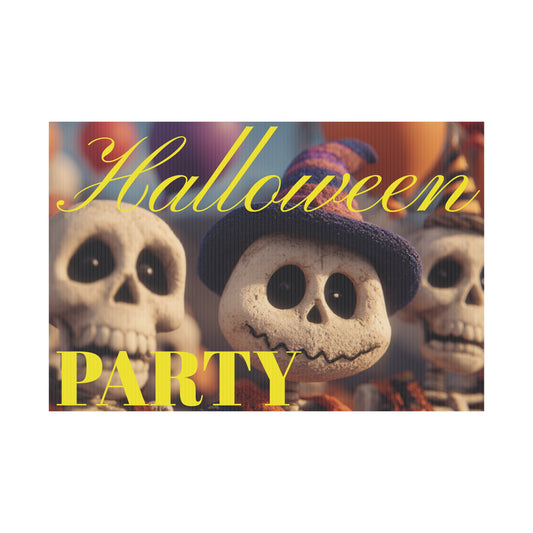 Halloween-themed party sign with cartoon characters on a grassy lawn