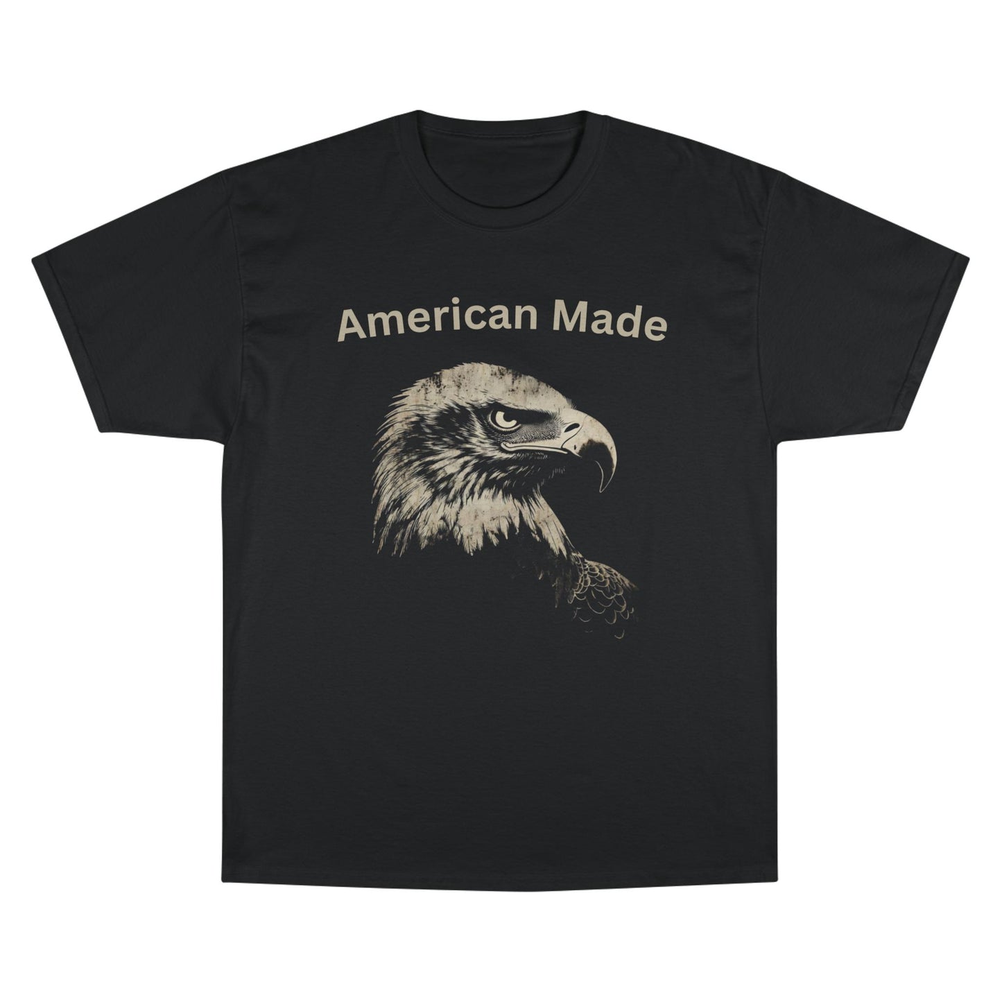 American Made text above an eagle head on a Champion Tee