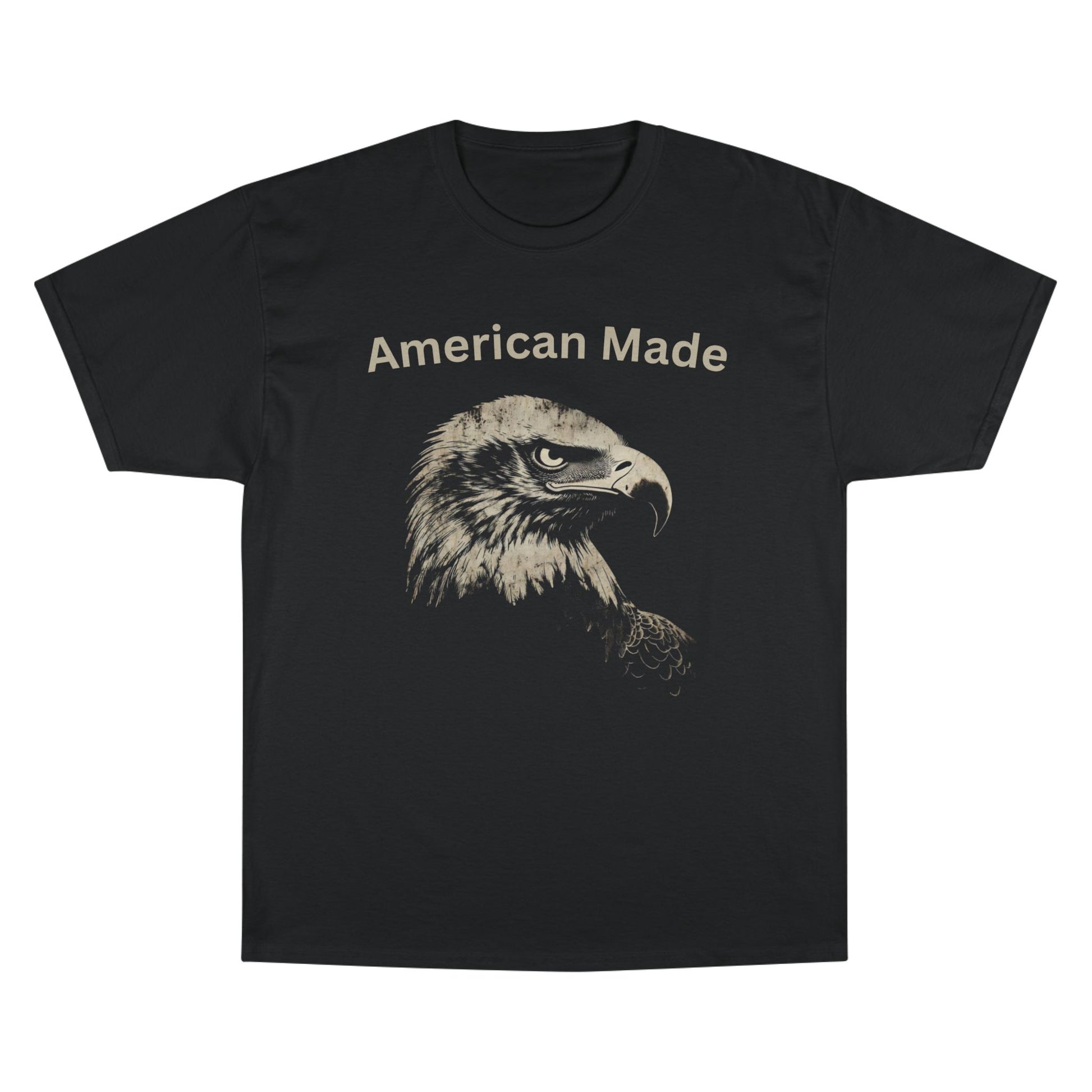 American Made text above an eagle head on a Champion Tee
