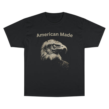 American Made text above an eagle head on a Champion Tee
