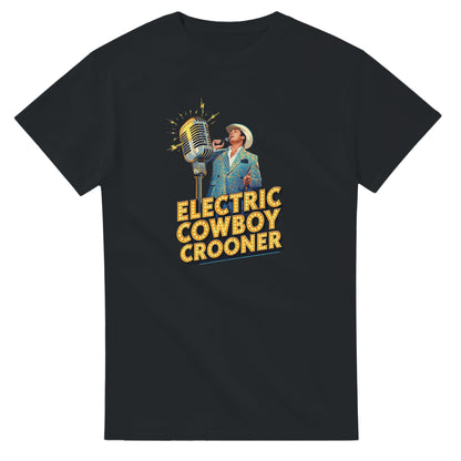 Person wearing a blue t-shirt with 'Electric Cowboy Crooner' design in a mall setting