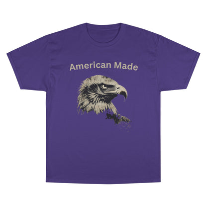 American Made text above an eagle head on a Champion Tee