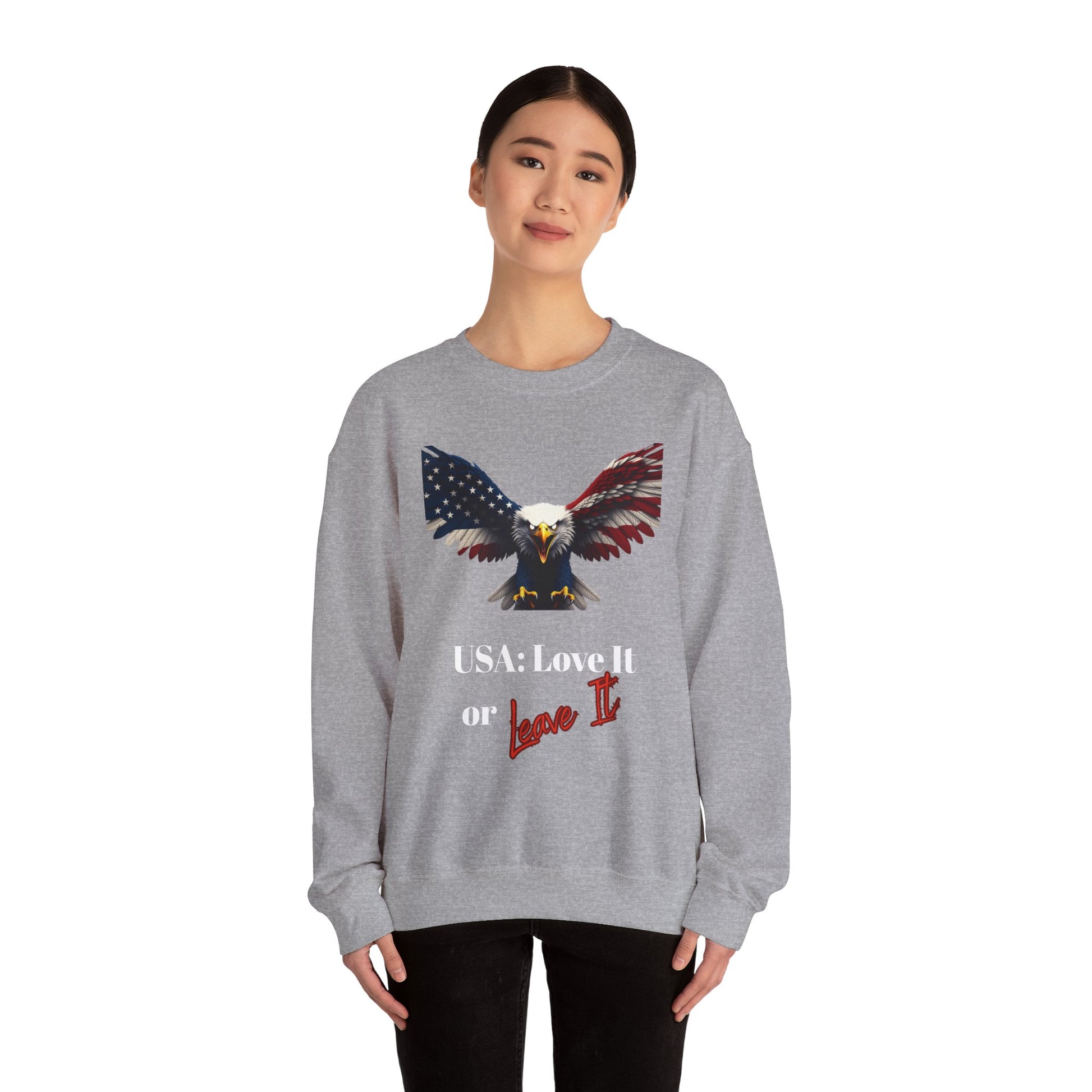 USA Love It Or Leave It Patriotic Eagle text on a Crewneck Sweatshirt