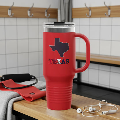 Red tumbler with Texas map and "TEXAS" text, on a bench with gym equipment.