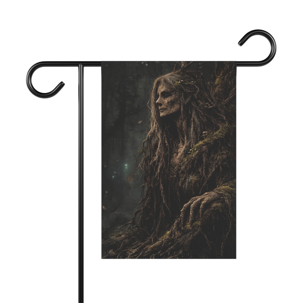 Mysterious forest spirit with mossy vines, on a garden flag.