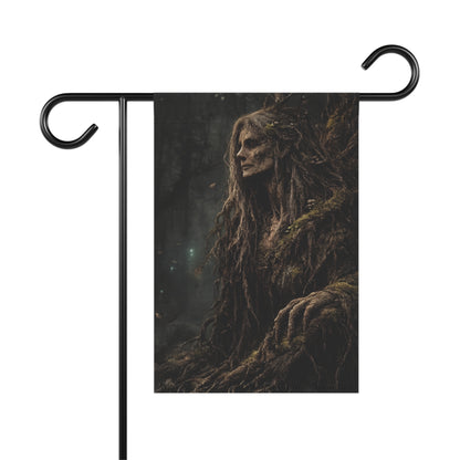Mysterious forest spirit with mossy vines, on a garden flag.