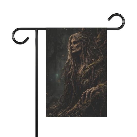 Mysterious forest spirit with mossy vines, on a garden flag.