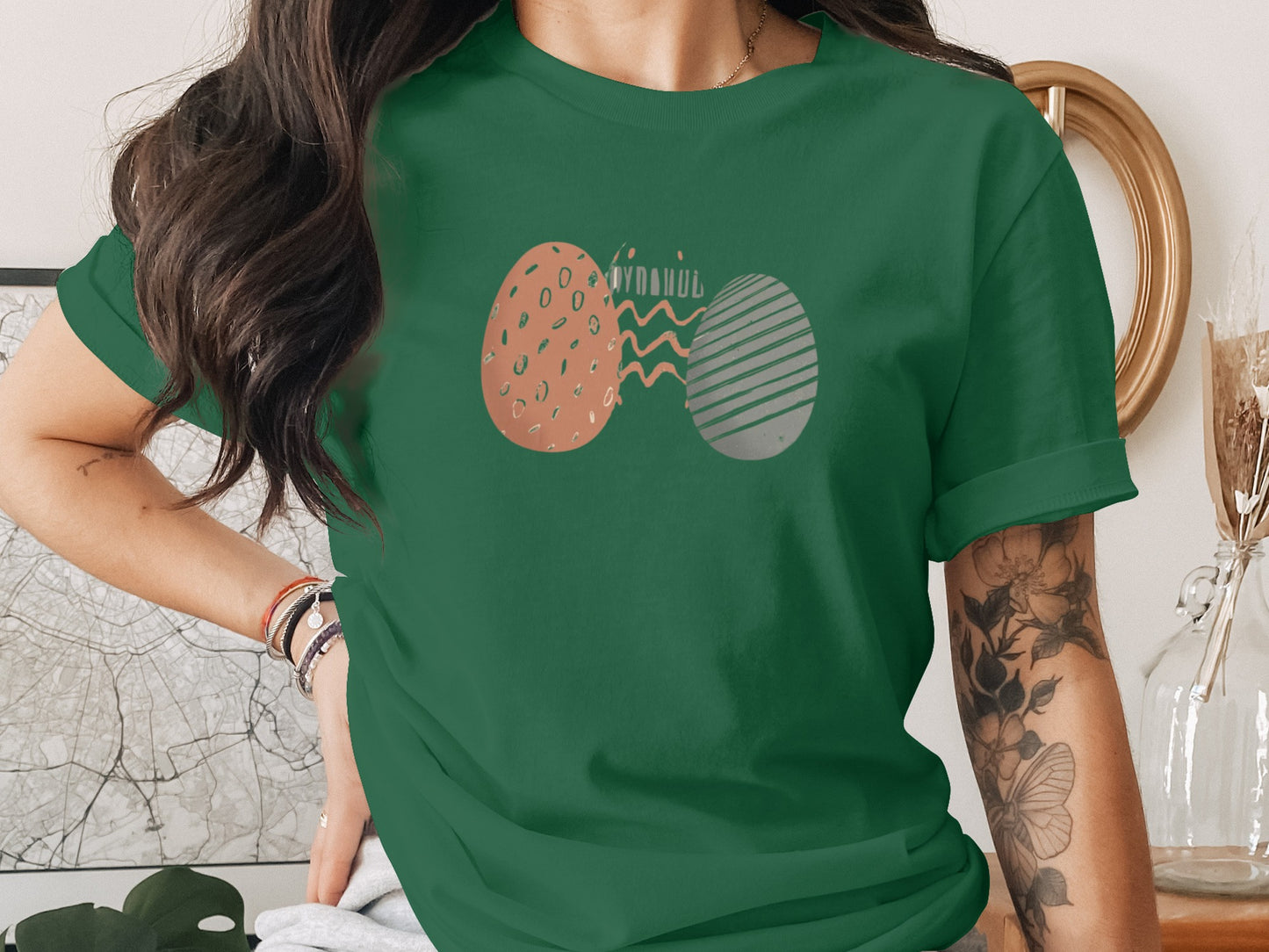OYUNUL Two Stylized Eggs Graphic Design Green T-Shirt product type