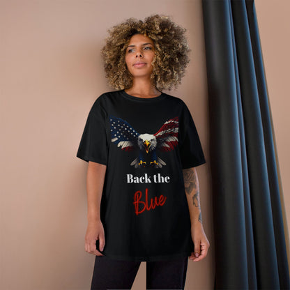 Back The Blue Patriotic Eagle on a Champion T-shirt