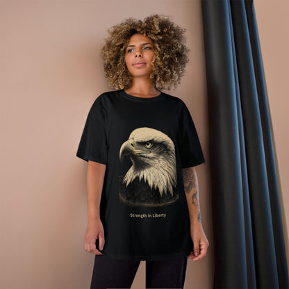 Engraved Eagle - Strength in Liberty - text on the muted of a Champion Tee