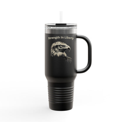 Strength in Liberty text on the top of a  40oz Insulated Travel Mug