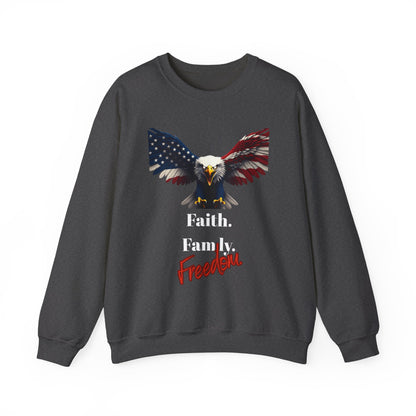 Faith. Family. Freedom Patriotic Eagle text on a Crewneck Sweatshirt