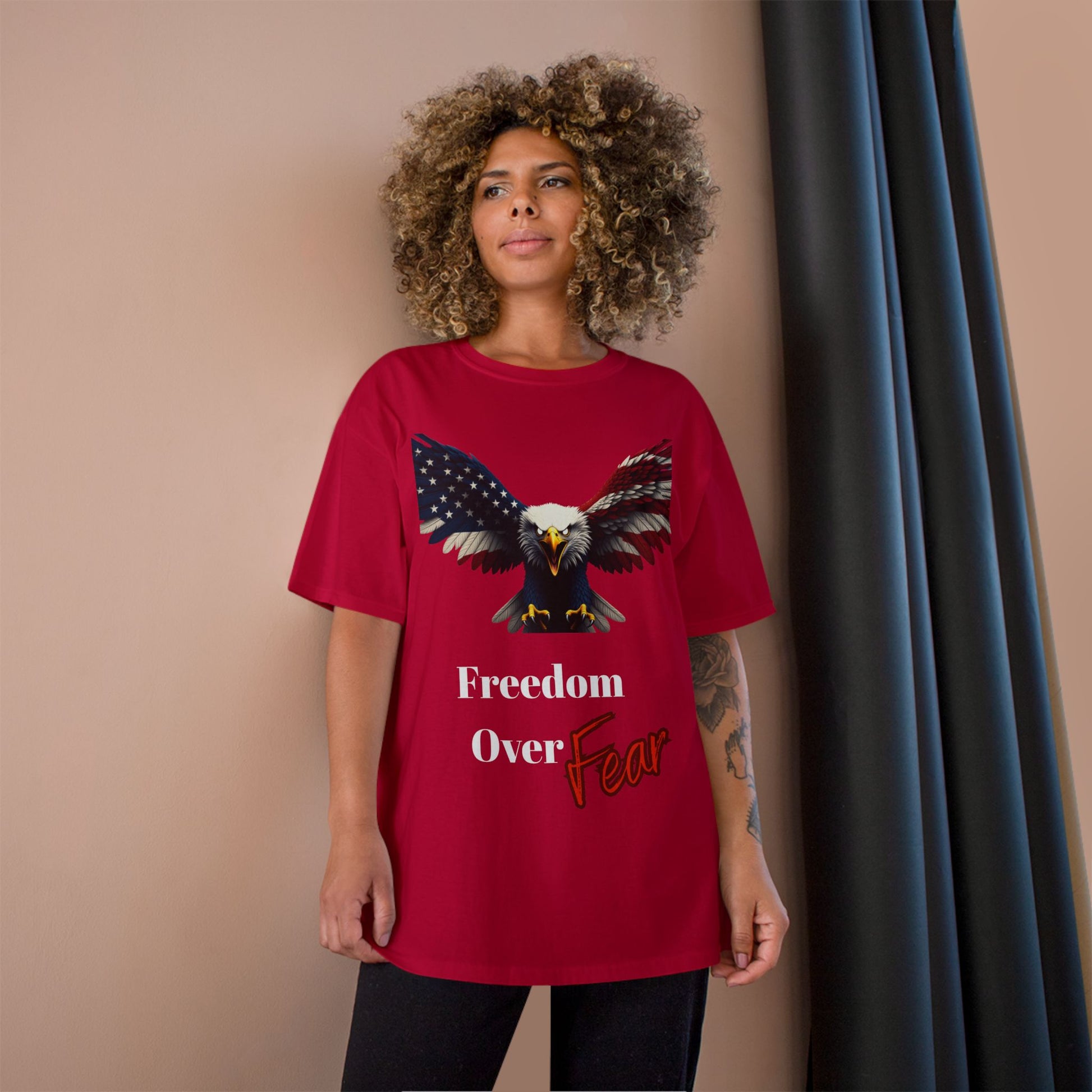 Freedom Over Fear Patriotic Eagle on a Champion T-shirt