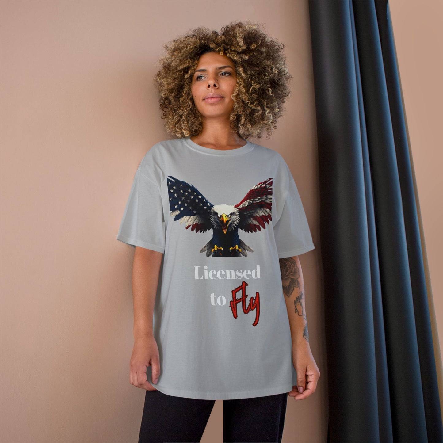 Licensed To Fly Patriotic Eagle on a Champion T-shirt