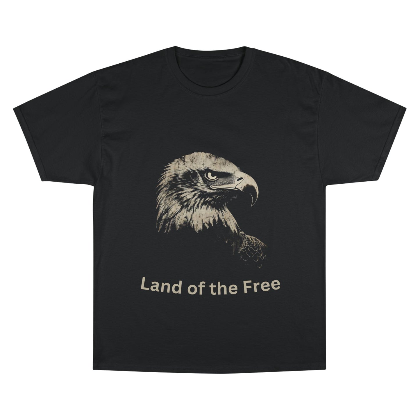 Land of the Free text below an eagle head on a Champion Tee