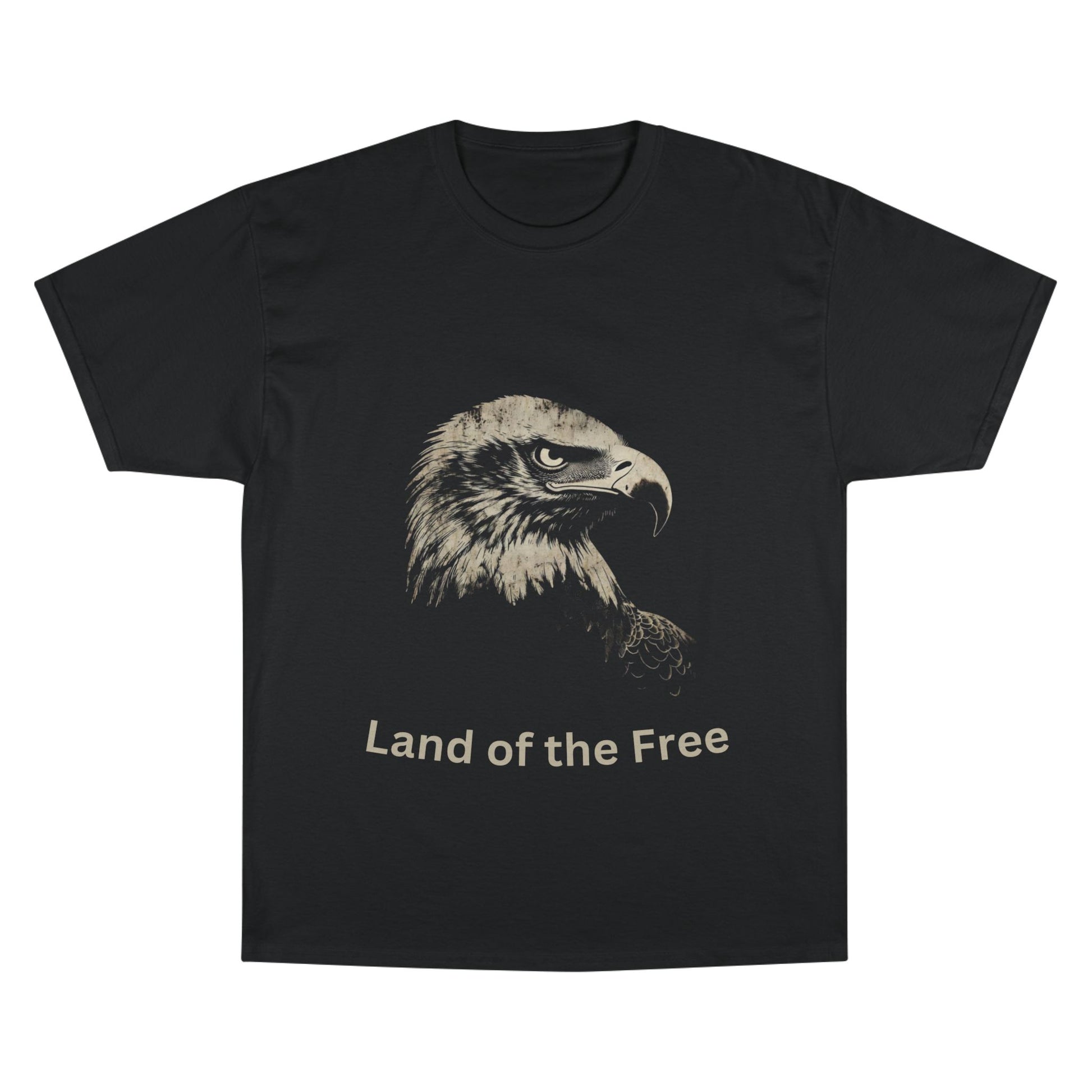 Land of the Free text below an eagle head on a Champion Tee
