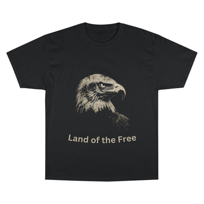 Land of the Free text below an eagle head on a Champion Tee
