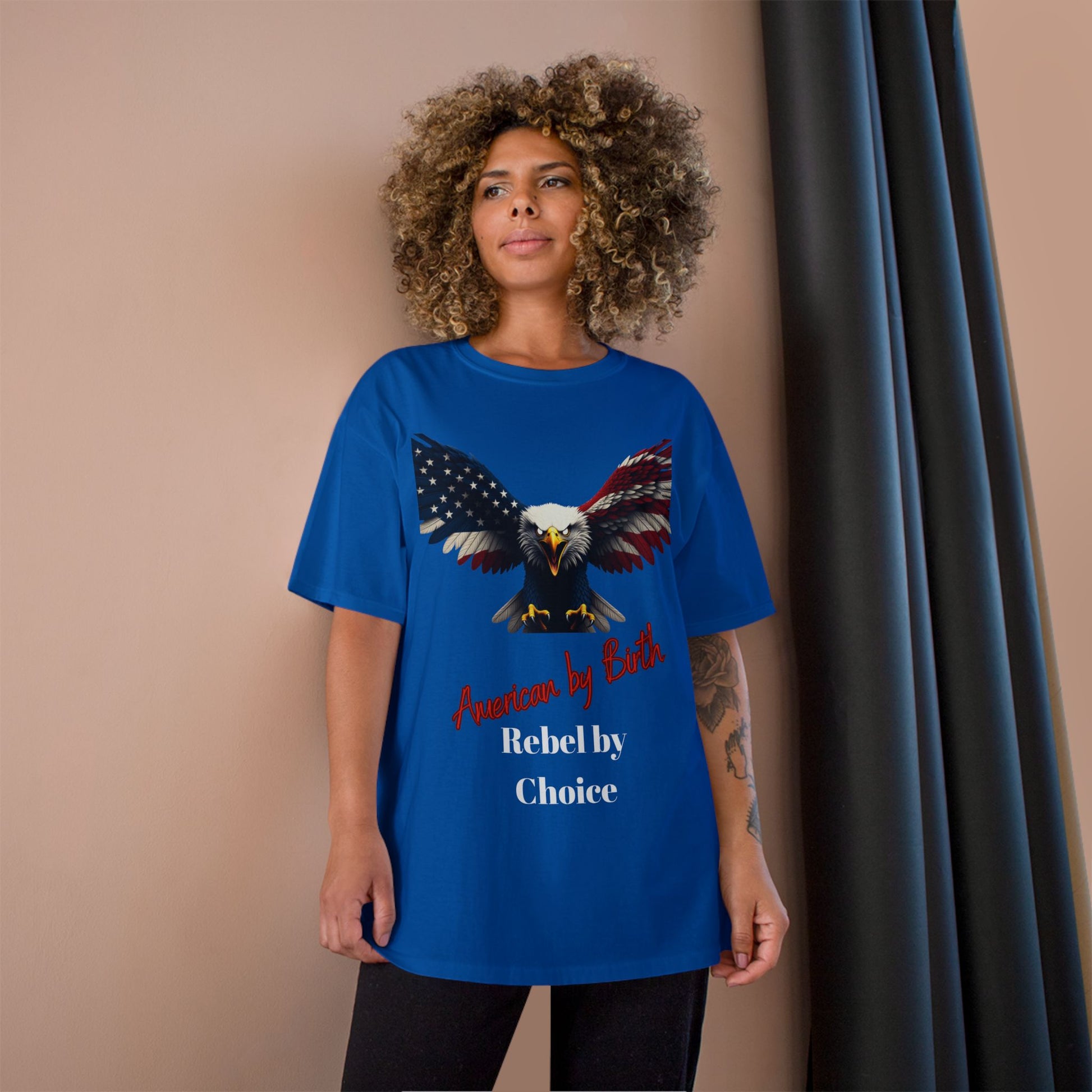 American By Birth Rebel By Choice Patriotic Eagle on a Champion T-shirt