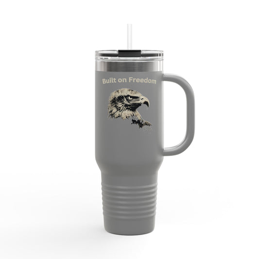 Built of Freedom text on the top of a  40oz Insulated Travel Mug