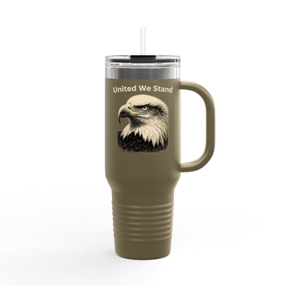 United We Stand text on the top of a  40oz Insulated Travel Mug