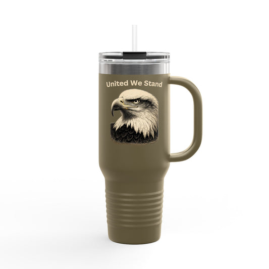 United We Stand text on the top of a  40oz Insulated Travel Mug