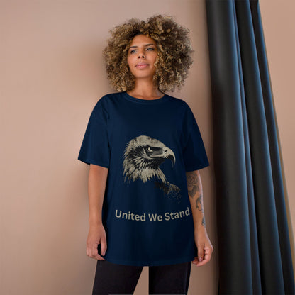 United We Stand text below an eagle head on a Champion Tee