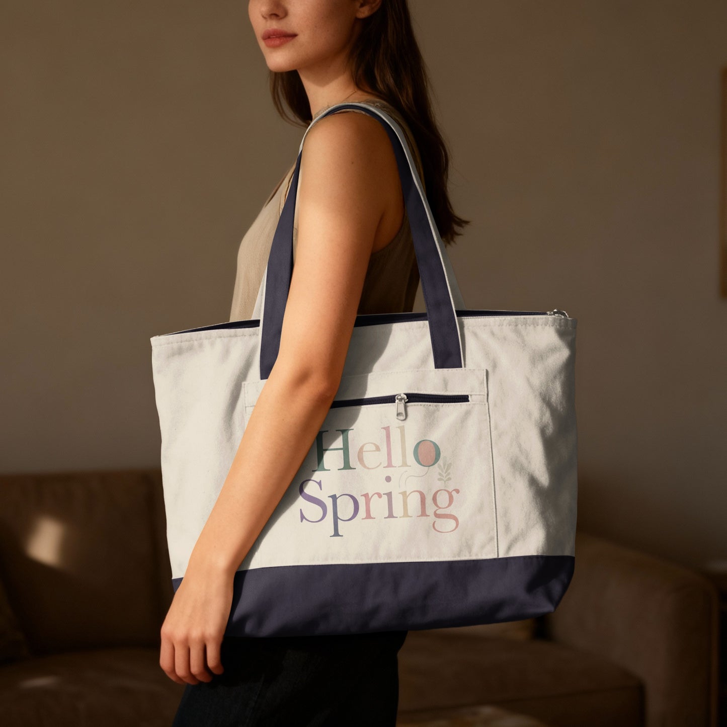 Hello Spring Cream Navy Tote Bag Zipper Pocket product type
