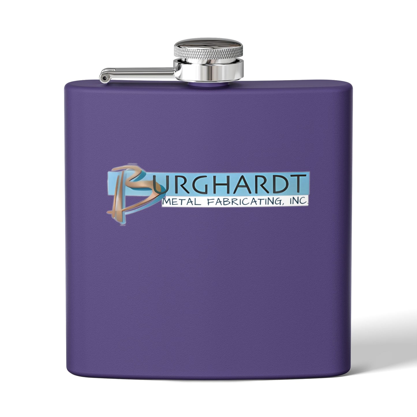 Burghardt Metal Fabricating, Inc., logo on a 6oz Stainless Steel Flask