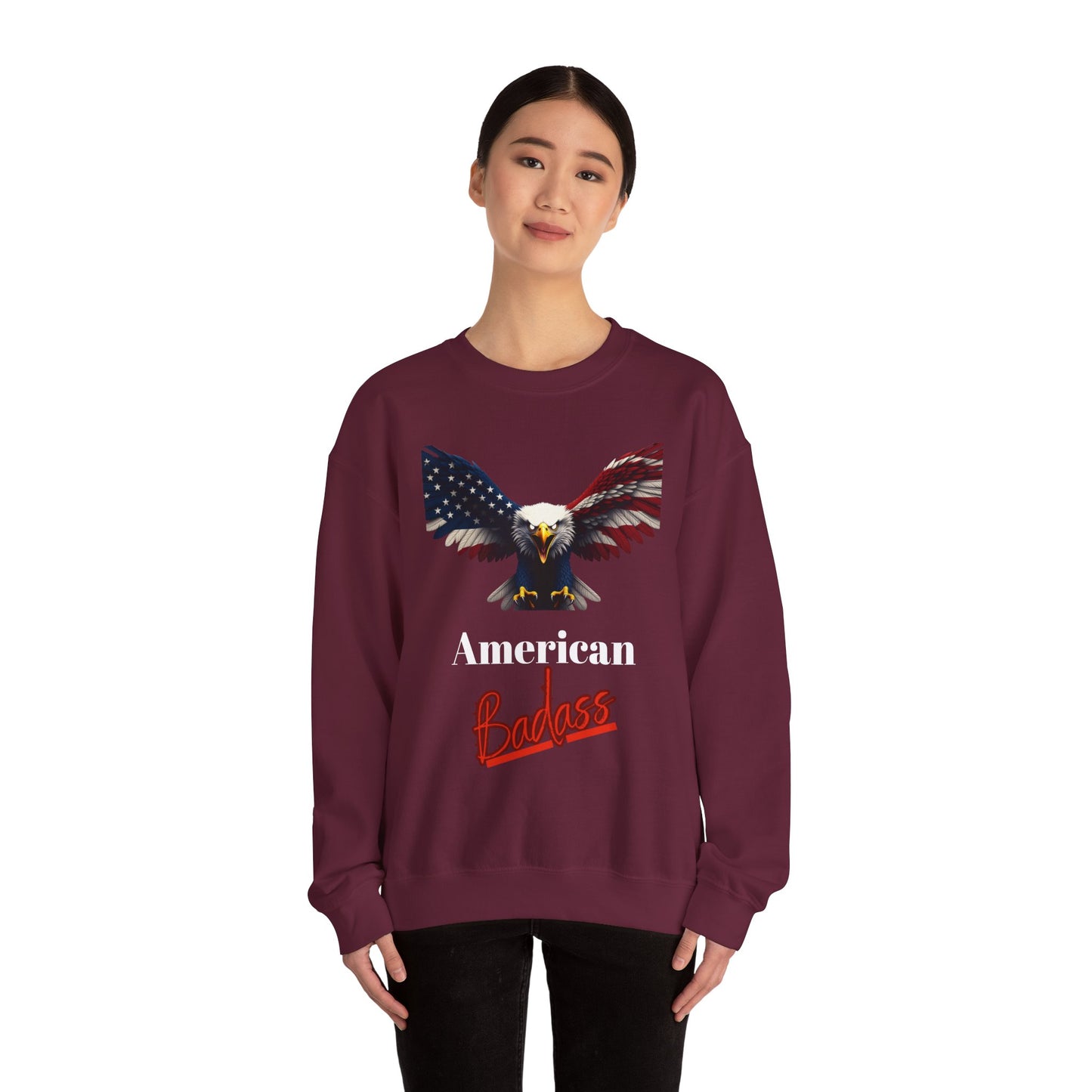 American Badass Patriotic Eagle text on a Crewneck Sweatshirt