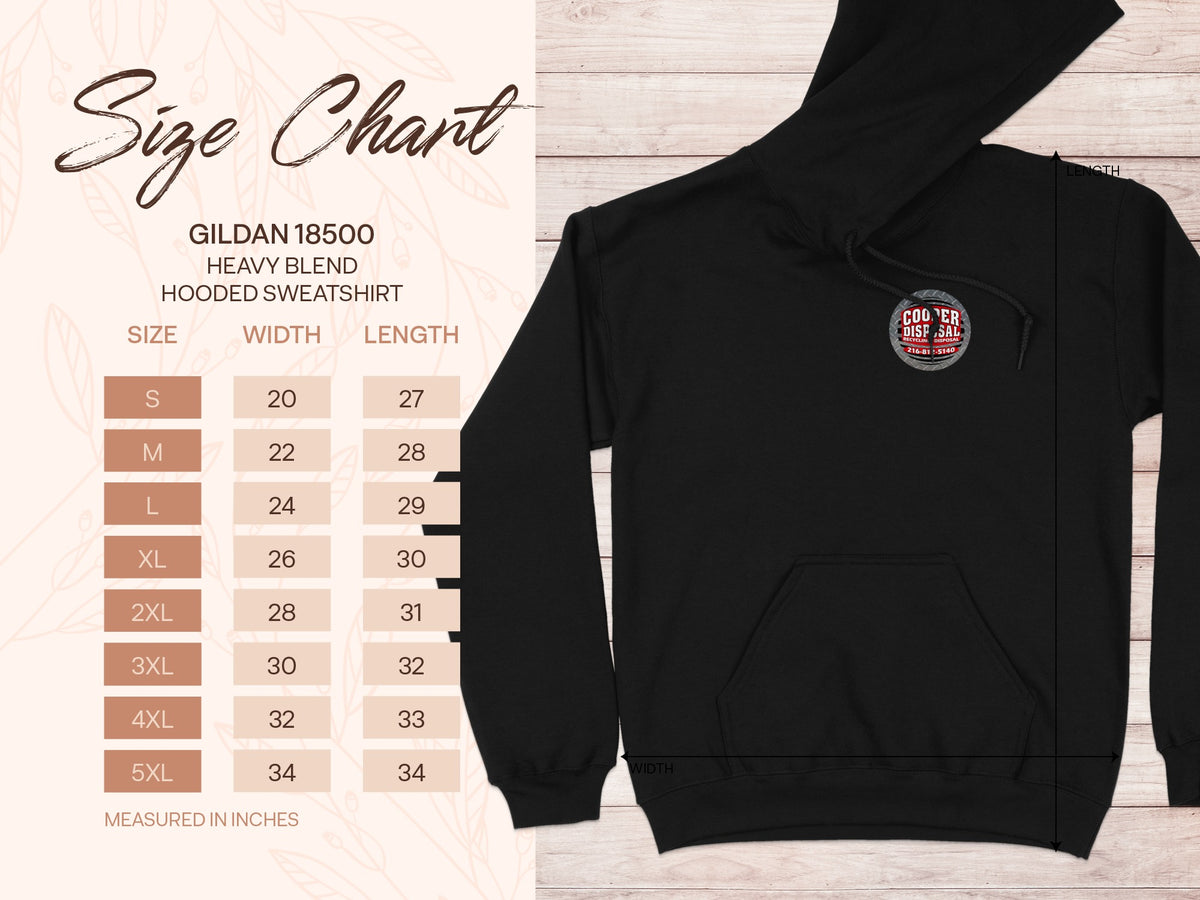 Gildan 18500 Heavy Blend Hooded Sweatshirt size chart in inches.