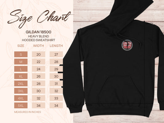 Gildan 18500 Heavy Blend Hooded Sweatshirt size chart in inches.