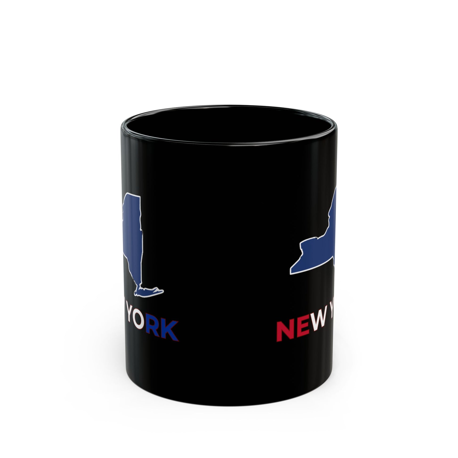 Black mug with New York outline and text.