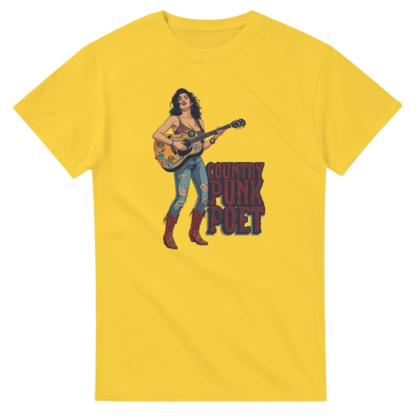 Woman wearing a red t-shirt with a graphic design, holding shopping bags in a mall.