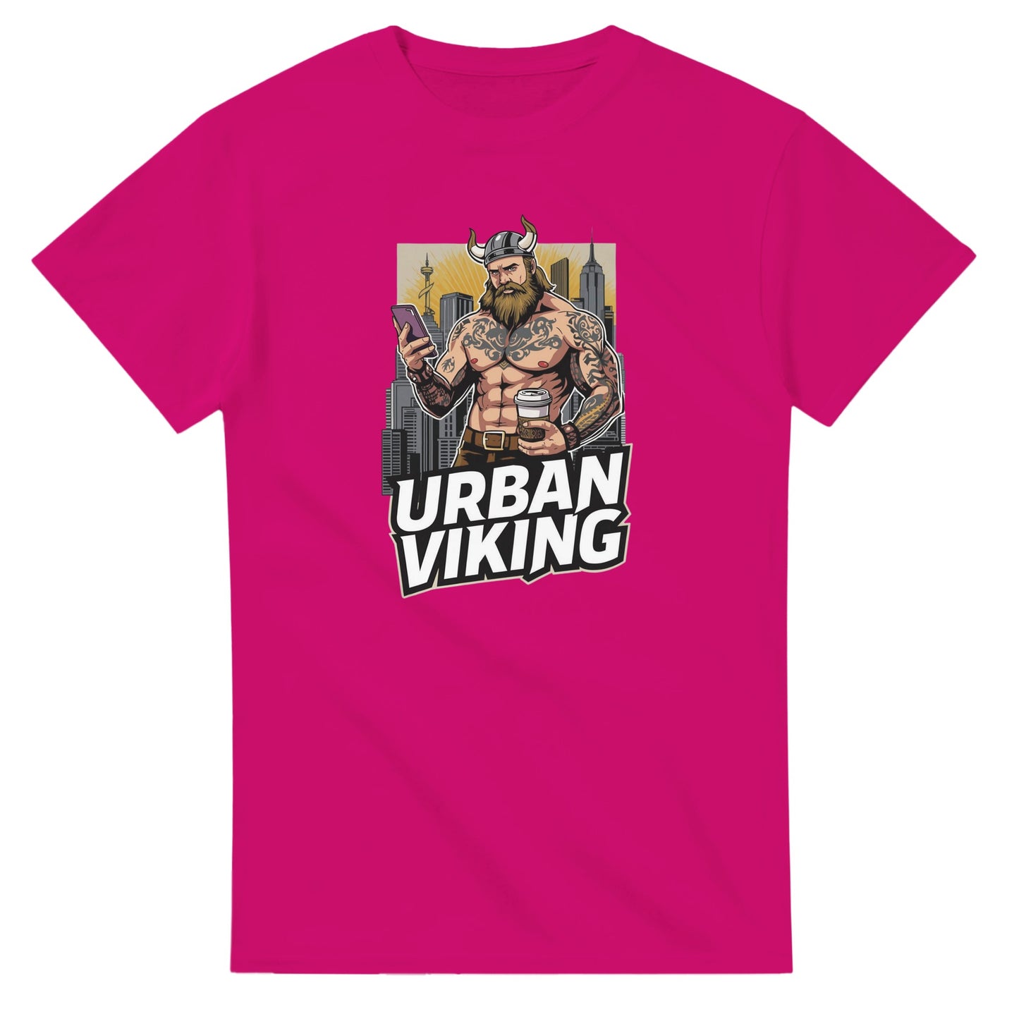 Person wearing a gray t-shirt with 'Urban Viking' graphic design in an indoor setting