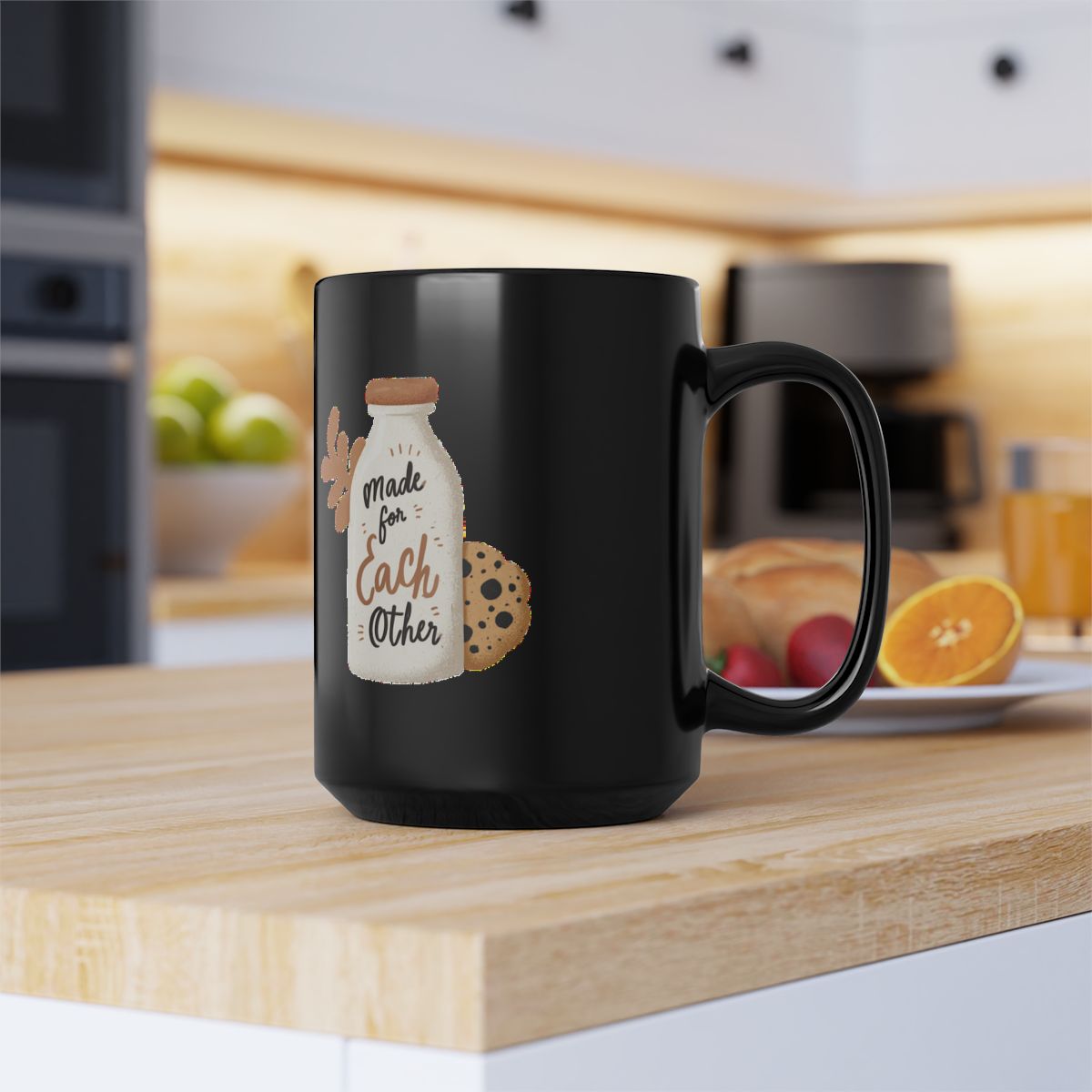 Milk and Cookies image with Made for Each Other text phrase on an 11/15oz Black Mug