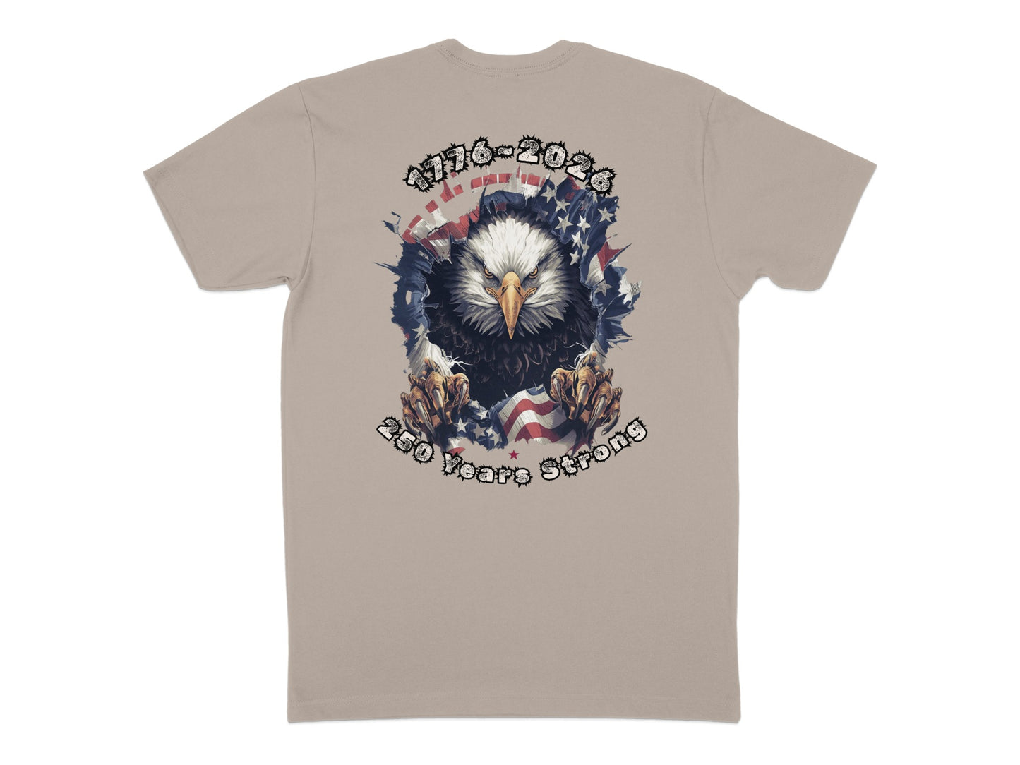Bald eagle with American flag, text "1776-2026 250 Years Strong".