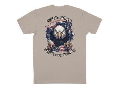 Bald eagle with American flag, text "1776-2026 250 Years Strong".