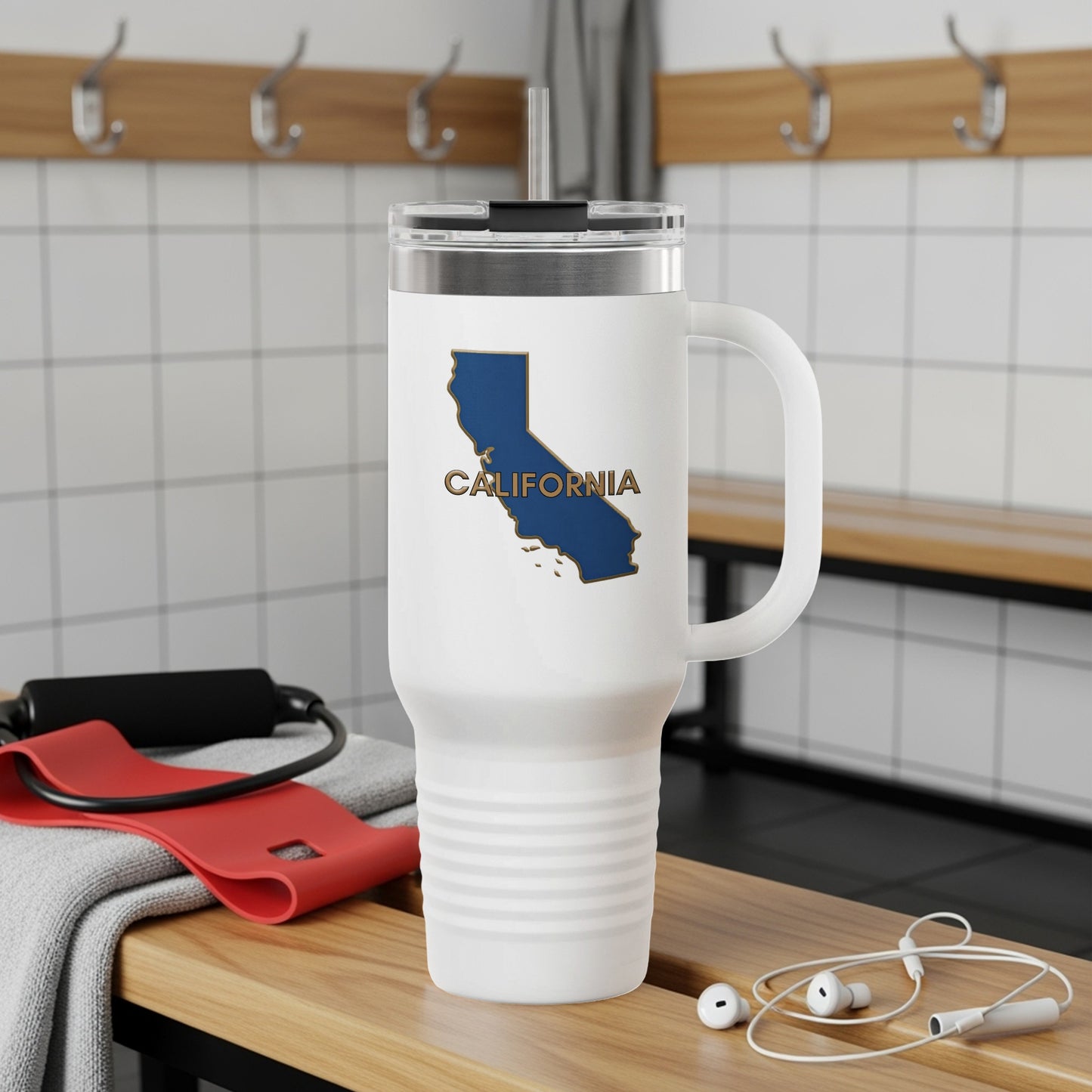 White travel tumbler with California outline and "CALIFORNIA" text.