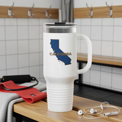 White travel tumbler with California outline and "CALIFORNIA" text.