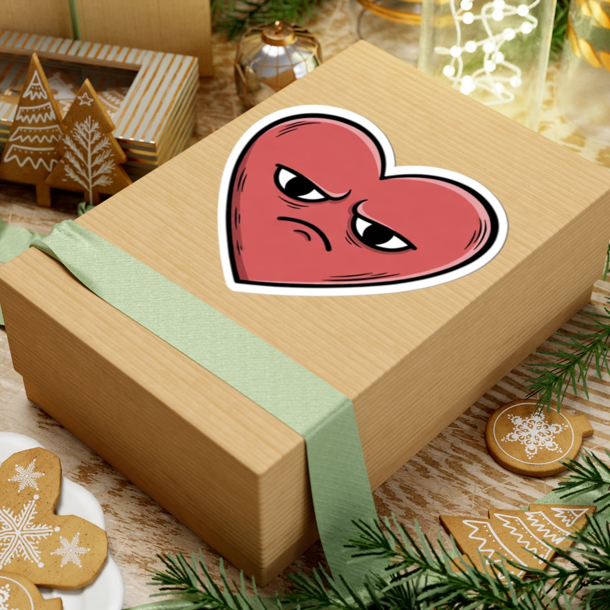 Grumpy Heart Sticker on Gift Box for Holiday Season