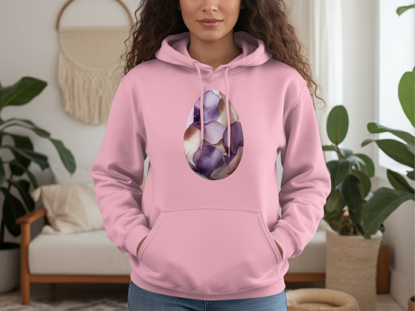 Pink Hoodie with Purple Floral Egg Design Pattern