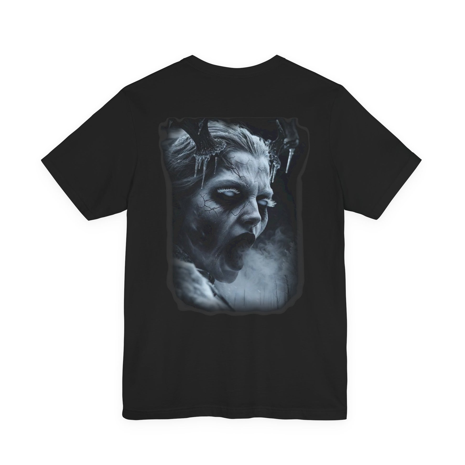 Black t-shirt with graphic of a screaming face with horns, ice, and smoke.