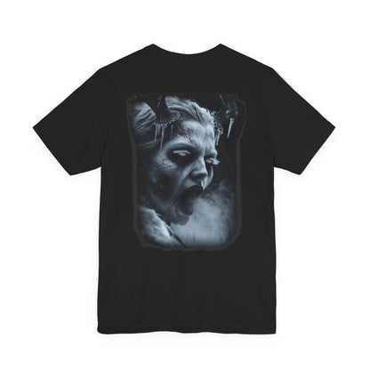 Black t-shirt with graphic of a screaming face with horns, ice, and smoke.